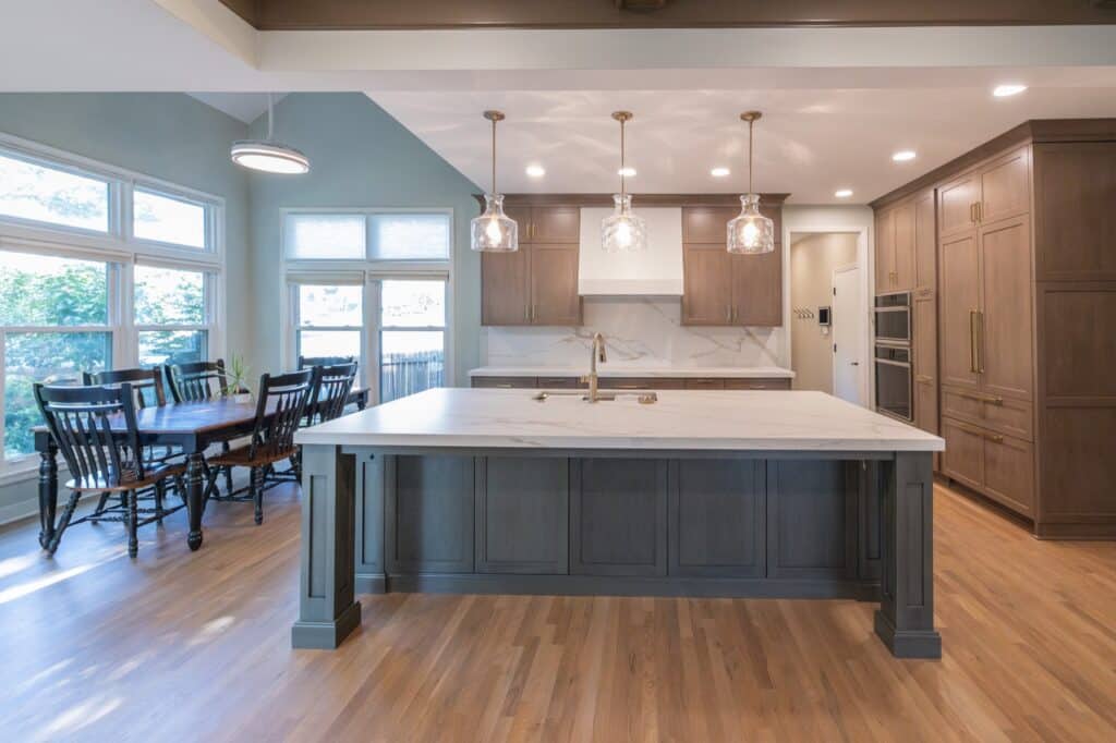 Remodeled main-level kitchen with a large island and adjoining dining area