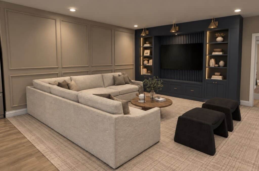 Rendered design preview of a finished basement living room with a built-in media wall